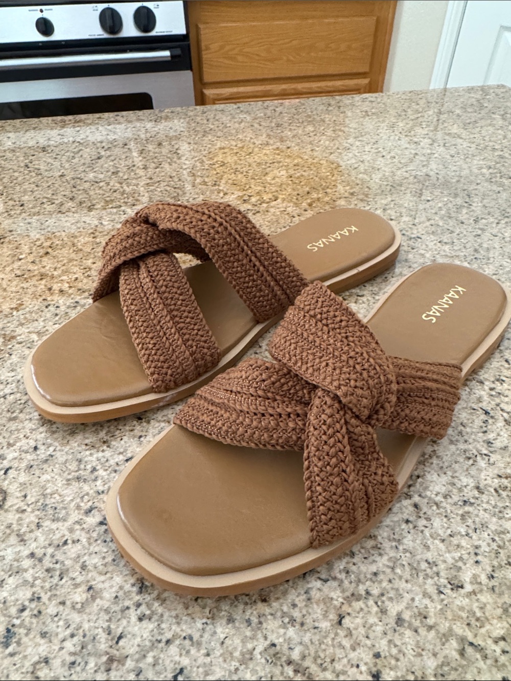 Kaanas Cognac Braided Cross-Strap Slide Sandals NEW no box